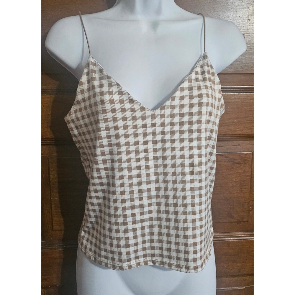 Gaze Brown and White Gingham Spaghetti Strap Crop Top
